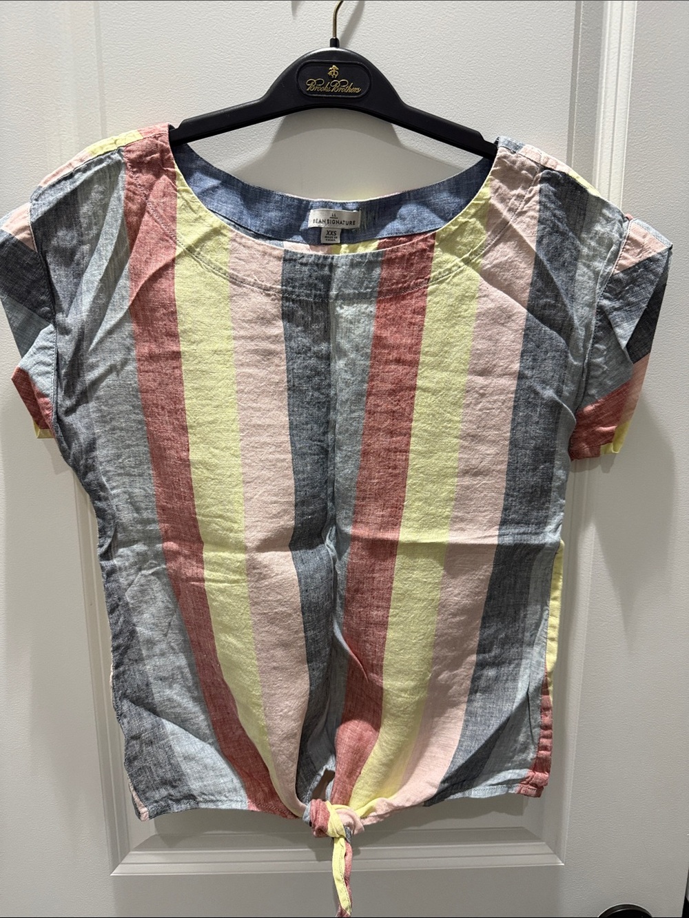 L.L. Bean Striped Short Sleeve Tie-Front Linen Top in Pink, Yellow, Blue, Gray